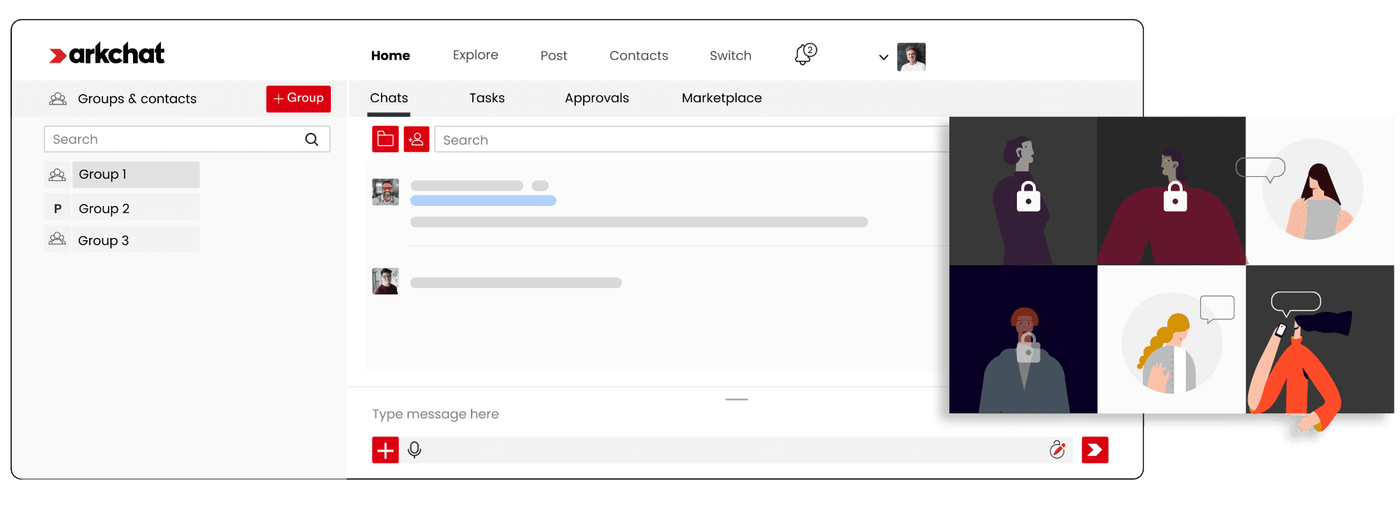 Arkchat messaging app: Professional firms can communicate privately in chat groups. Web screen