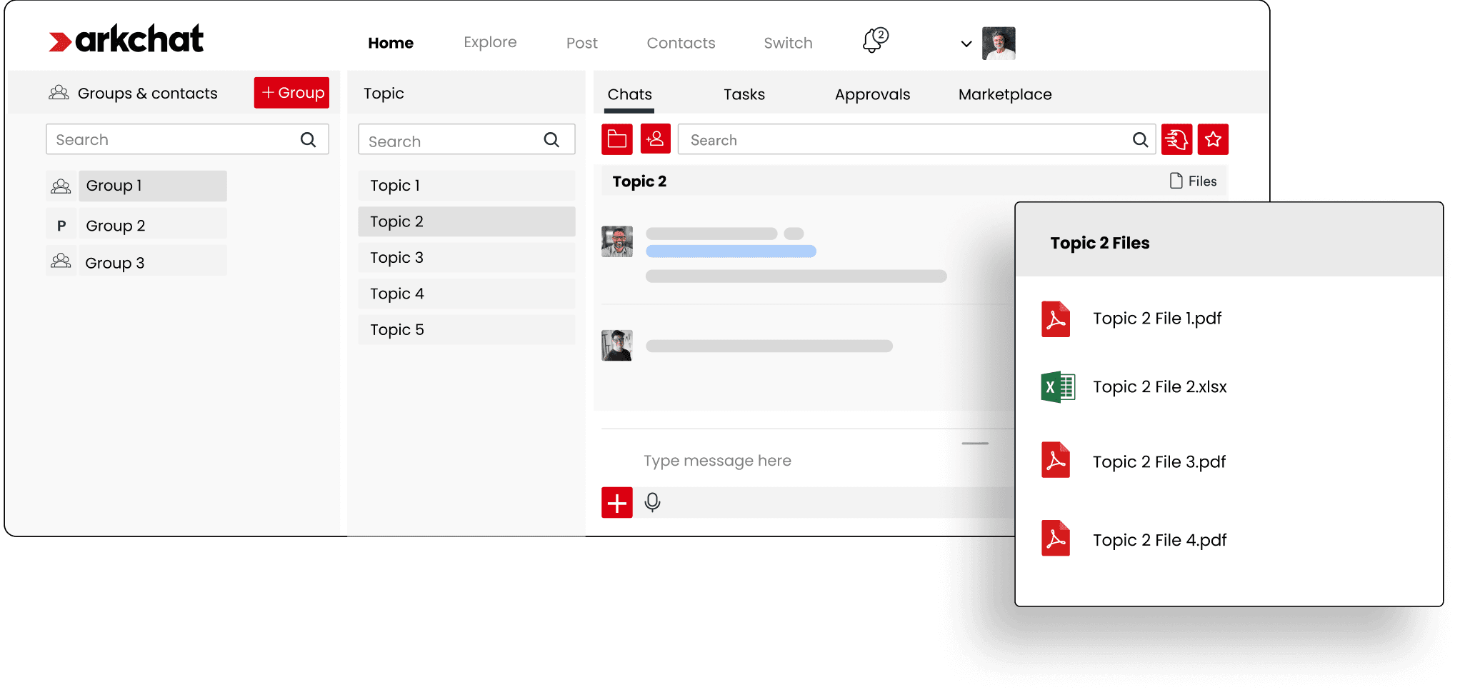 Arkchat messaging app: Professional firms can organise messages and files topic wise in groups. Web screen