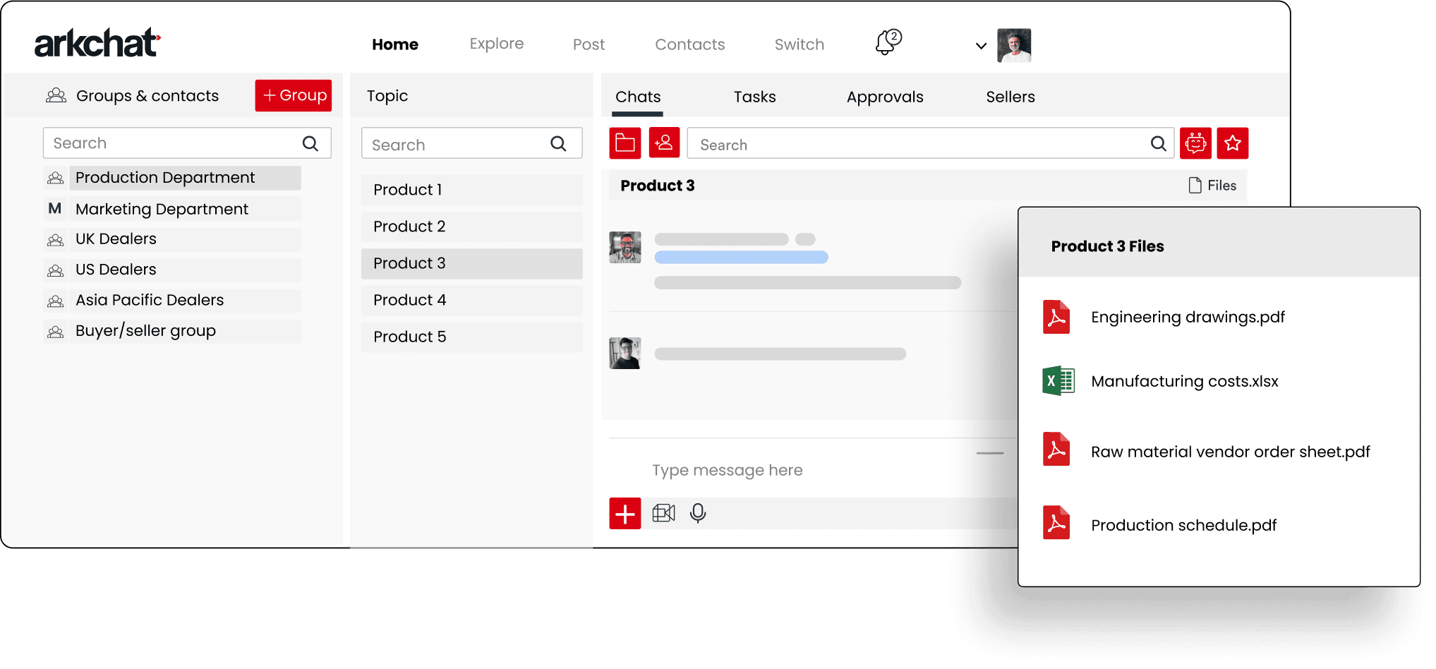 Arkchat messaging app: Manufacturers can organise conversations and files topic wise to retrieve them easily. Web screen image